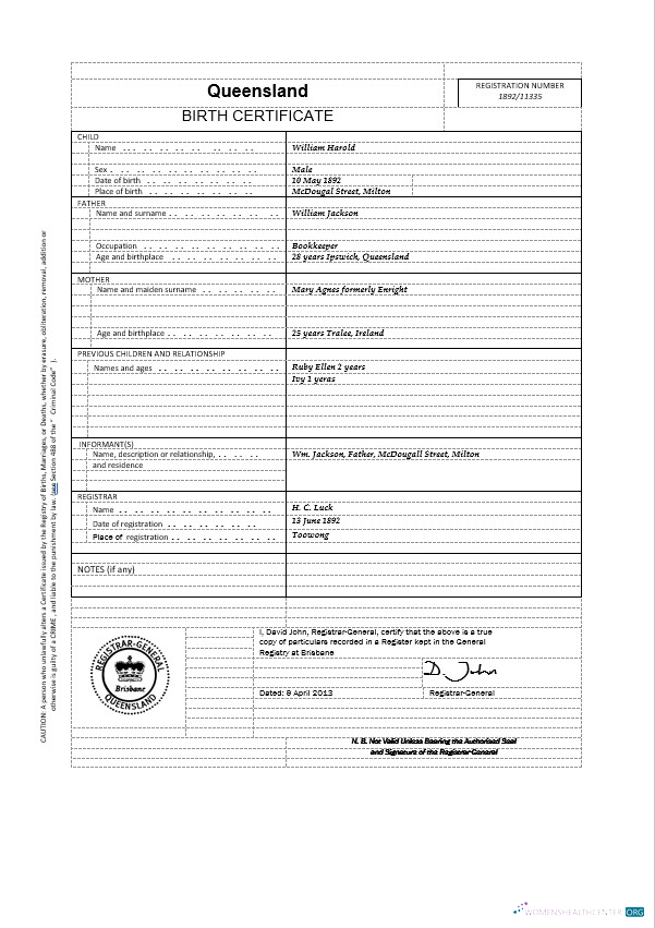 Download Australia Queensland birth certificate template in Word Photoshop template